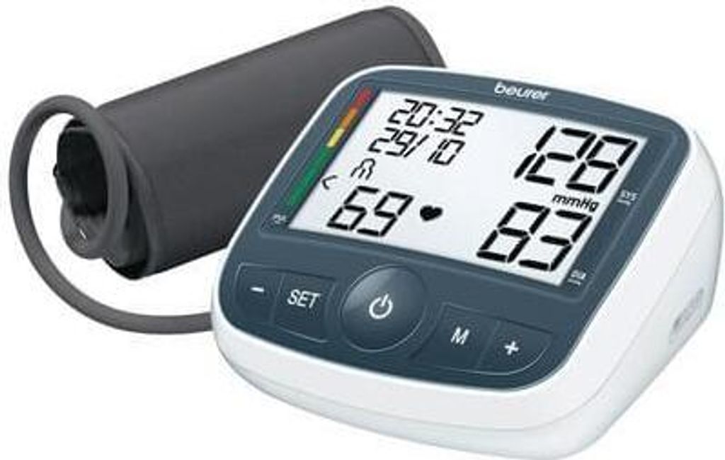 A Beurer blood pressure monitor with its cuff is displayed against a white background.