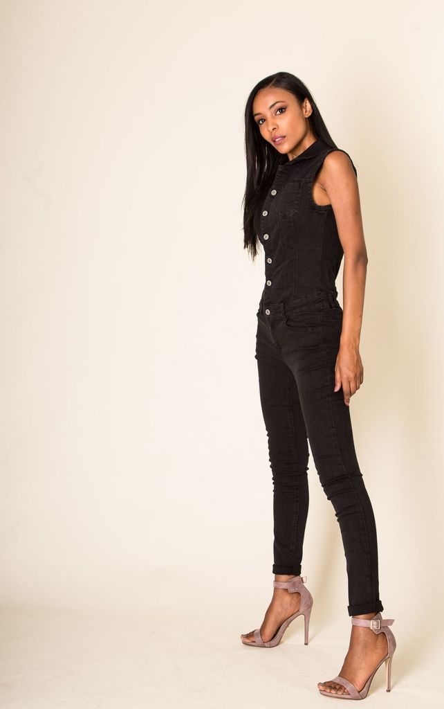 Ärmelloser Damen Jeans Overall tailliert mit Gürtel Schwarz #OV482 