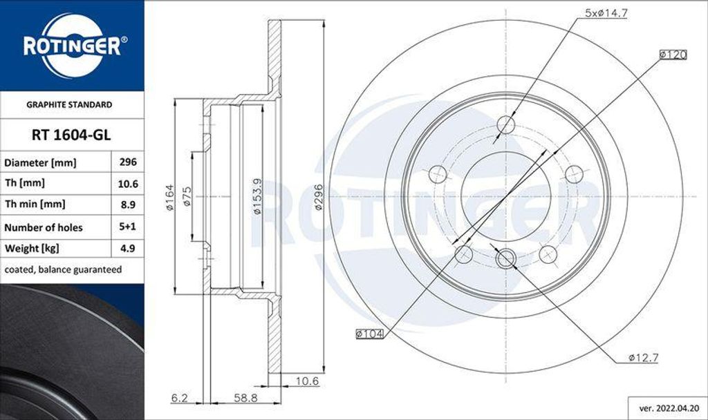 ROTINGER RT 1604-GL Bremsscheibe OE 34214031275 kompatibel mit 3er E92, 3er E90, 1er E87, 1er E81