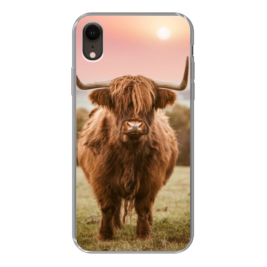 MuchoWow Handyhülle Schutzhülle Hülle für iPhone XR Schottischer Highlander - Sonne - Himmel Silikon Softcase Handy Hülle - Schutzdeckel