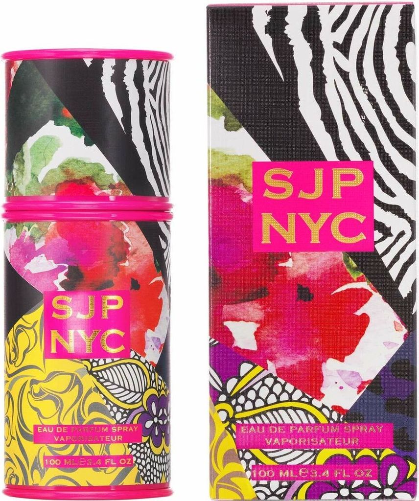 A perfume bottle and its box, both featuring a vibrant and abstract floral and animal print design.
