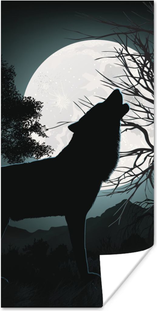 MuchoWow Poster Wolf - Scherenschnitt - Mond 40x80 cm - Dekoration