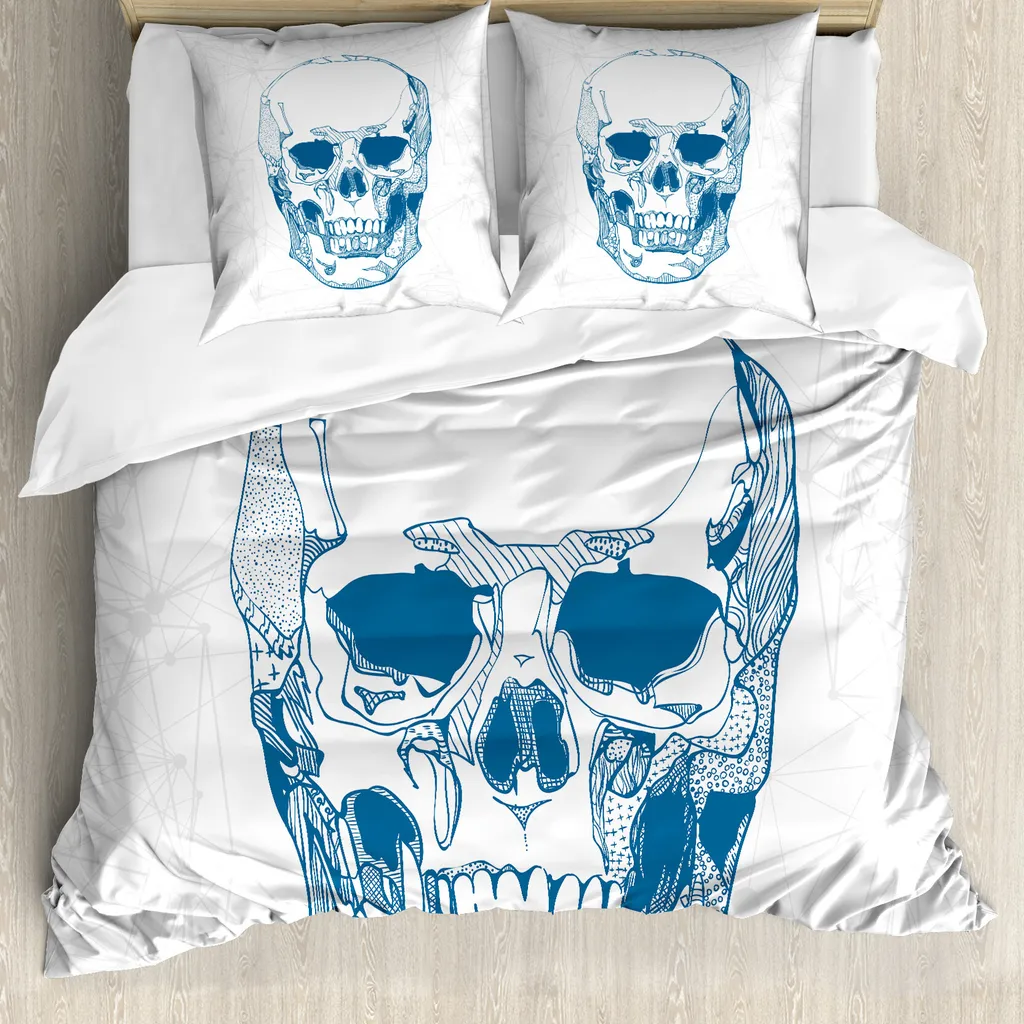 ABAKUHAUS Copripiumino con teschi, elemento scientifico con teschi, antiacaro, adatto a chi soffre di allergie, con federe, 155 cm x 220 cm - 80 x 80 cm, blu e bianco