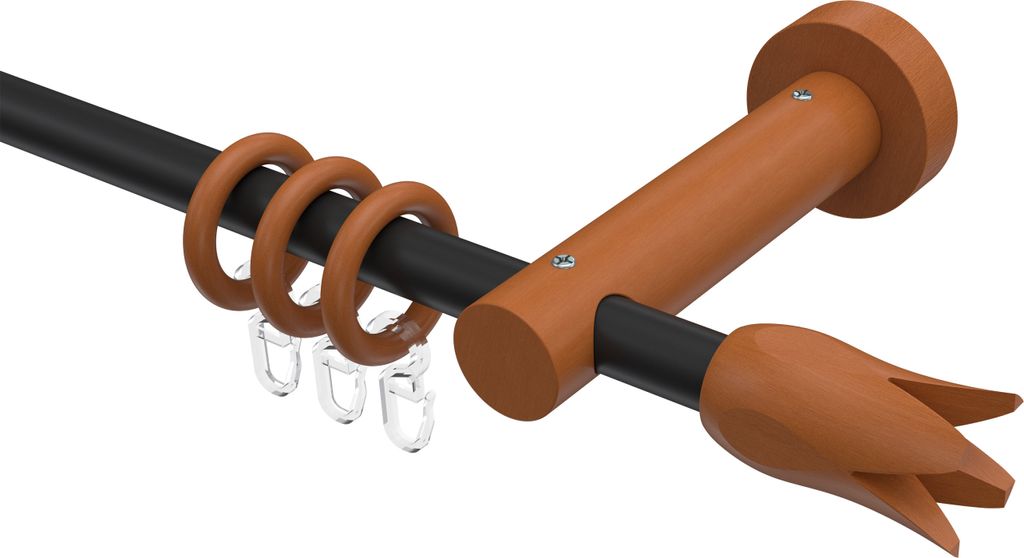 Interdeco Gardinenstange / Vorhangstange Schwarz / Kirschbaum lackiert, Typ Adrian Flower (Blume), 16 mm Ø 1-läufig, 280 cm