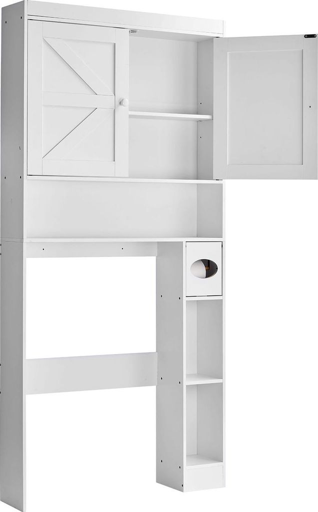 A white bathroom storage cabinet designed to fit over a toilet.
