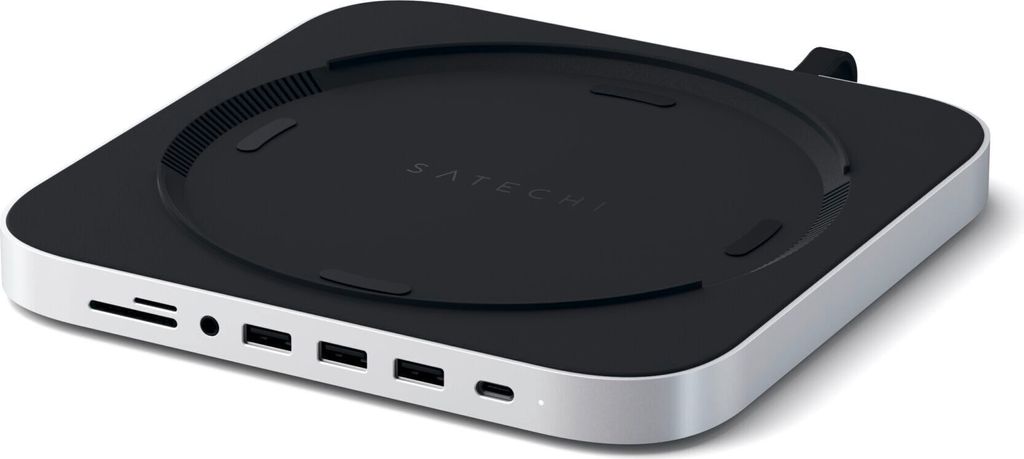 A Satechi USB-C hub stand for a computer.