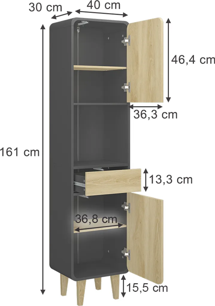 Vicco Mobili per il bagno Arla, 40 x 161 cm, Antracite/quercia dorata