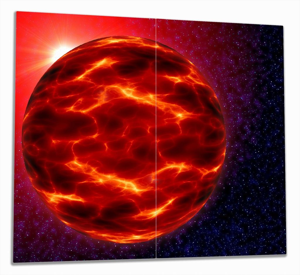 Wallario Herdabdeckplatte aus Glas, Größe 60 x 52 cm 2-teilig, Motiv Abstrakter Planet im Weltall in glühendem rot