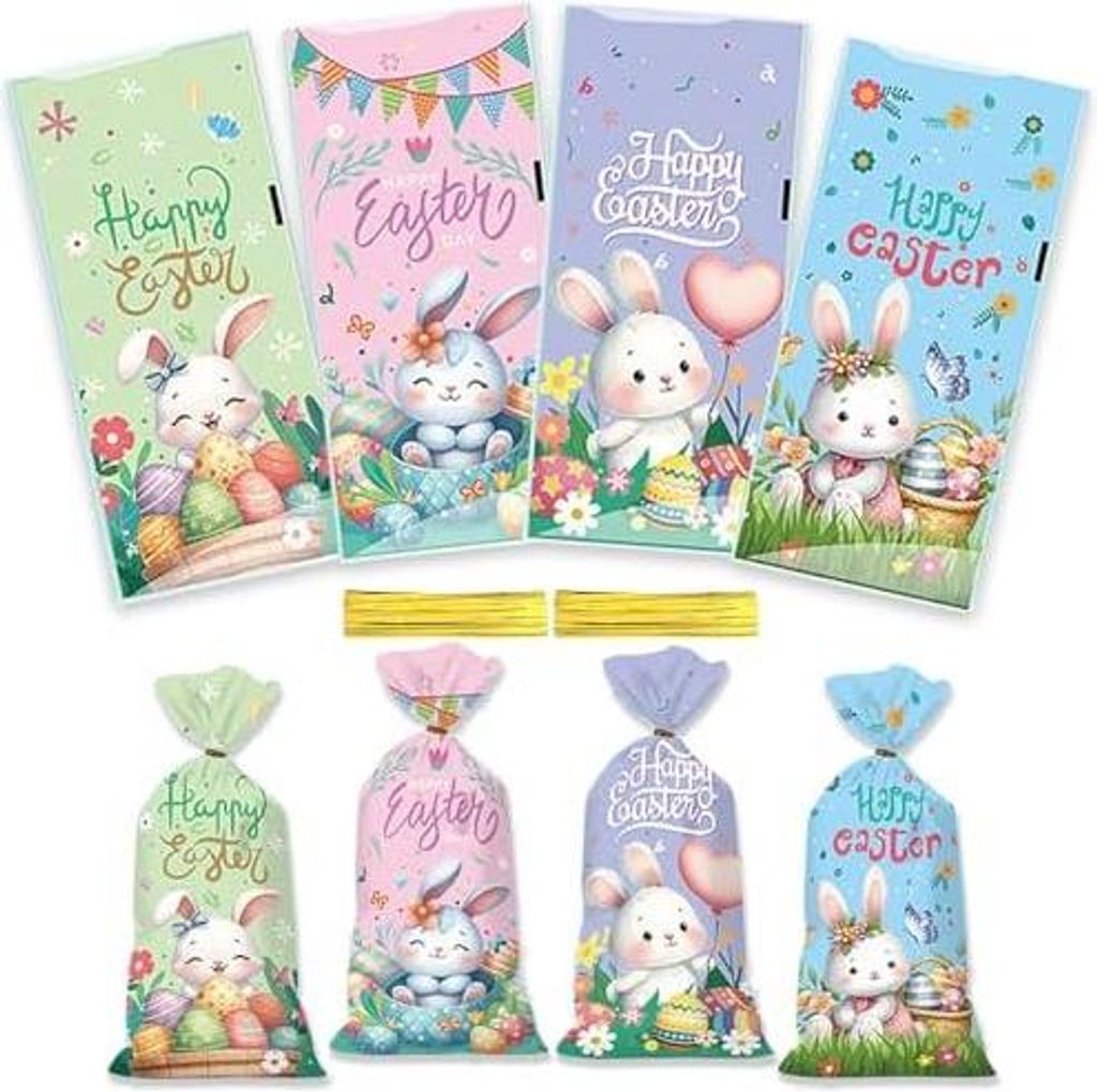 Youery 100 Stück Zellophantüten Ostern mit Twist Bändern, Hase, Ostereier, Blumen, Lebensmittelechte OPP-Ostertüten 27x12.5cm, Für Süßigkeit...