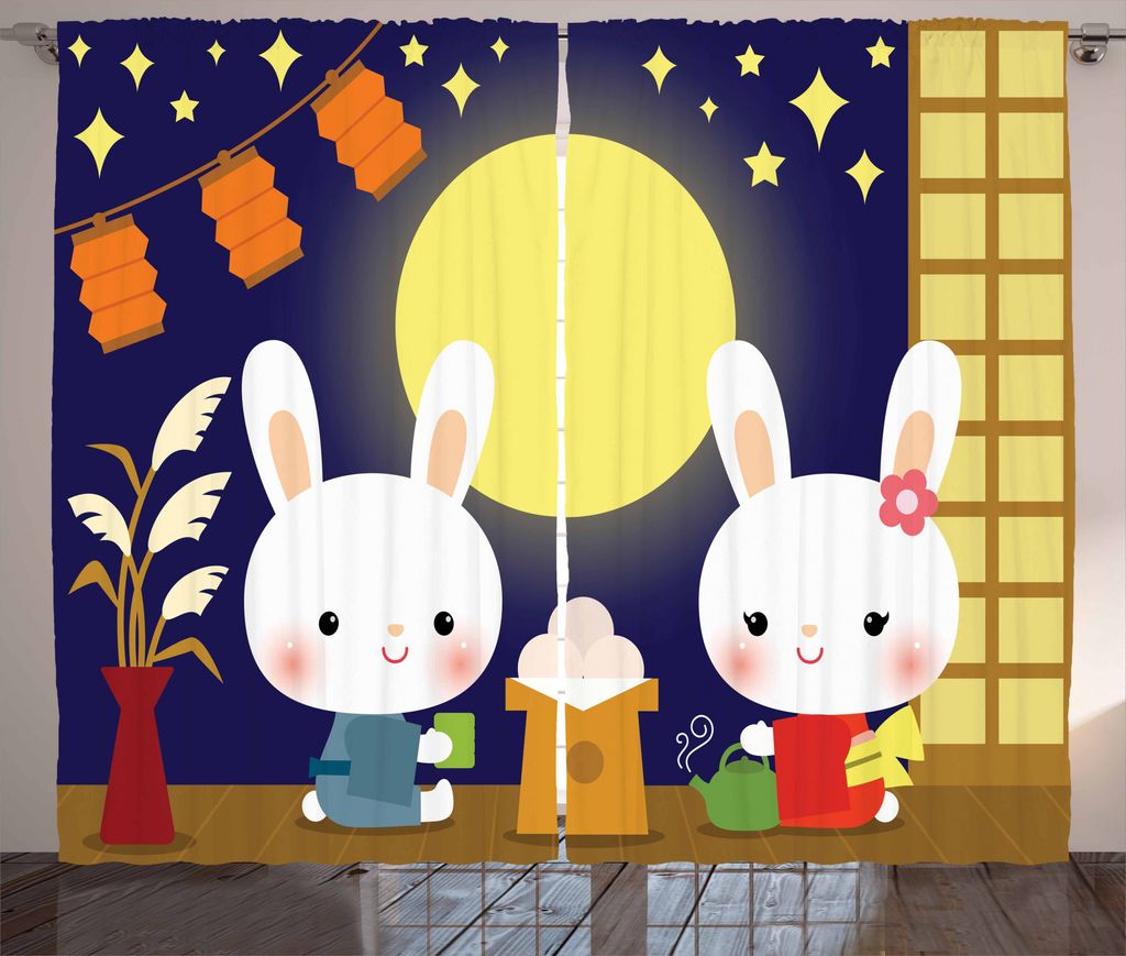 ABAKUHAUS Anime Rustikaler Vorhang, Tsukimi Festival Hasen, Wohnzimmer Universalband Gardinen mit Schlaufen und Haken, 280 x 175 cm, Mehrfarbig