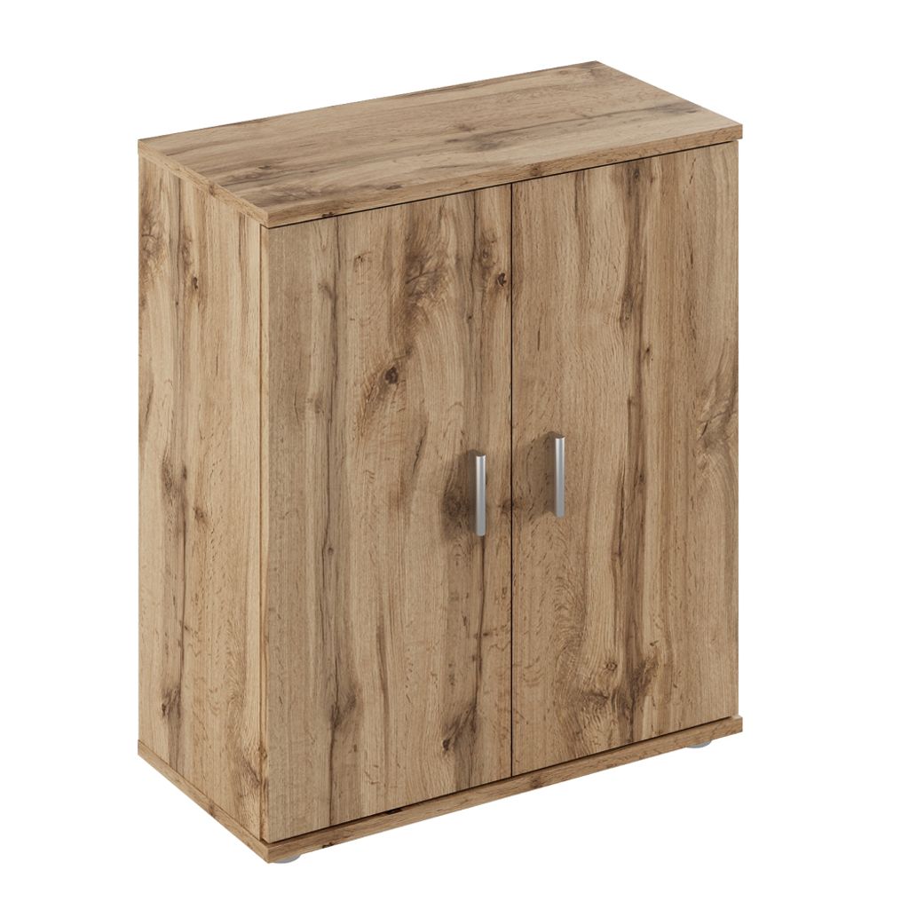 A wooden cabinet with two doors and silver handles, isolated on a white background.