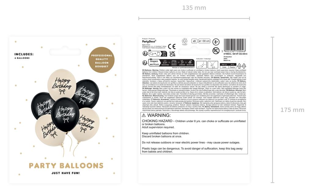 Luftballons Happy Birthday 30cm Ivory / Schwarz 6er Set