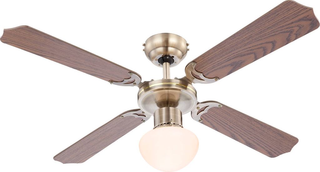 A ceiling fan with four wooden blades and a light fixture is displayed against a white background.