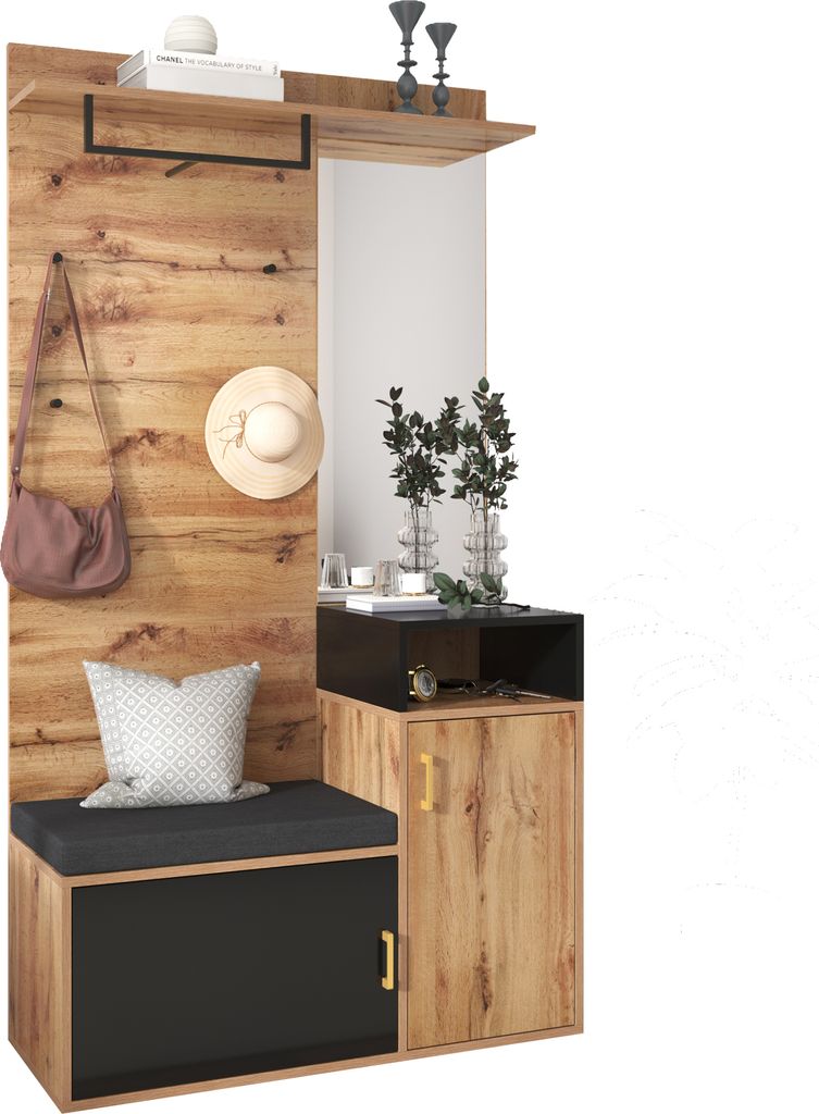Garderoben-Set mit Sitzfläche, Spiegel, Schuhschränke, Ablage, Kleiderstange und Haken, Wandgarderobe