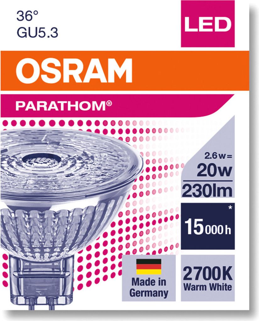 OSRAM LED MR16 Vetro Riflettore 2,6W=20W GU5,3 12V 210lm Bianco - Foto 8