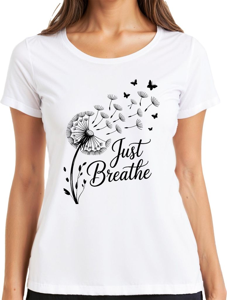 Just Breathe Pusteblume Schmetterling Achtsamkeit Yoga Meditation Damen T-Shirt, Weiß, XXL