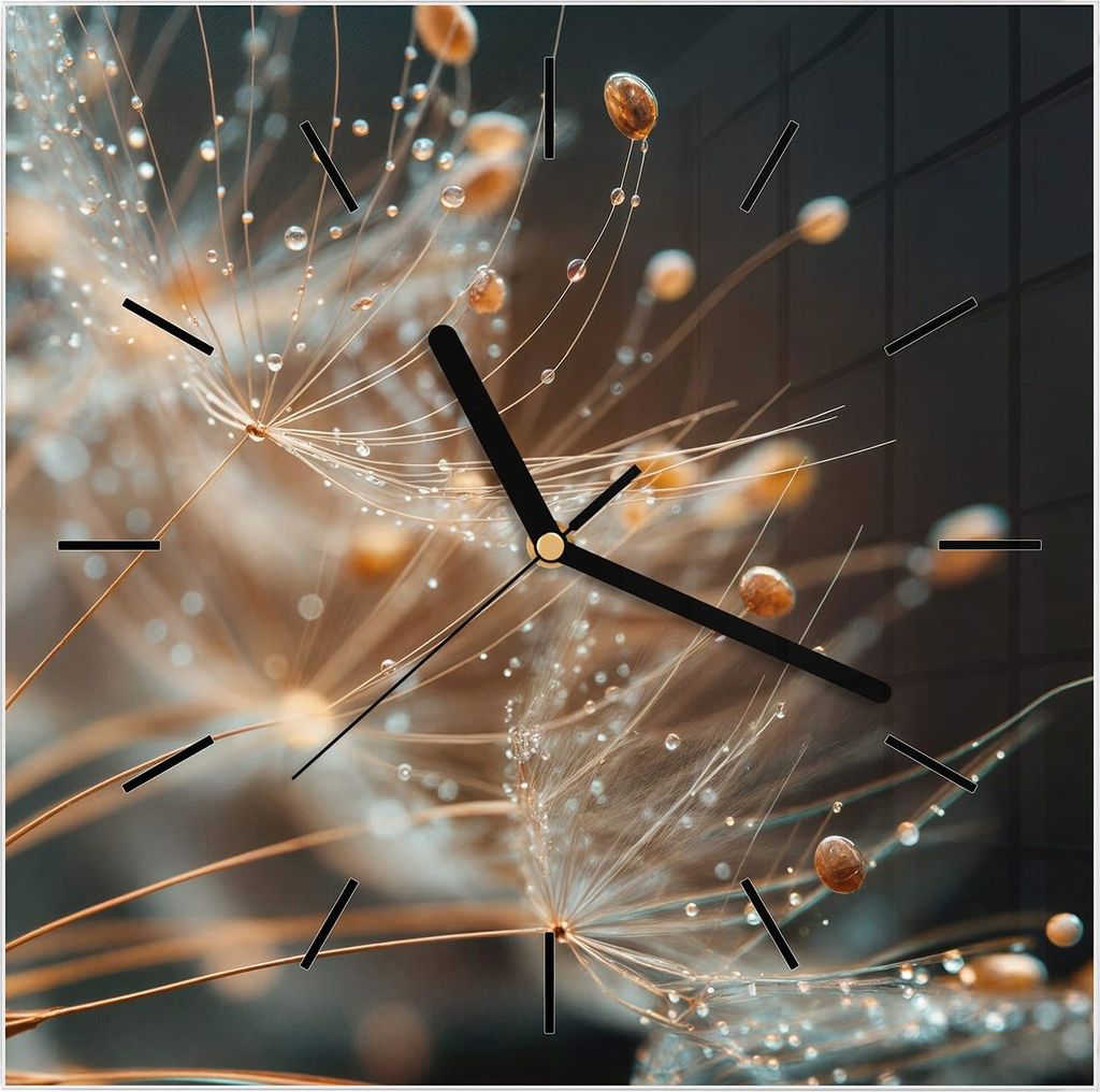 Wanduhr aus Glas mit Motiv Pusteblumenperlen- 30 x 30 cm - inkl. Aufhängesystem