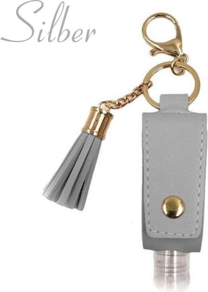 30ml Desinfektionsmittelspender Schlüsselanhänger in Silber, Desinfektionsanhänger mit Kunstleder Hülle, leere Handtaschen Reiseflasche