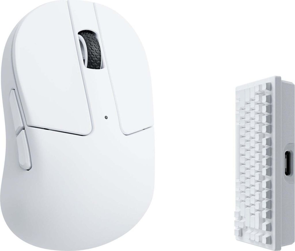 A white wireless mouse and a white keyboard accessory are displayed against a white background.