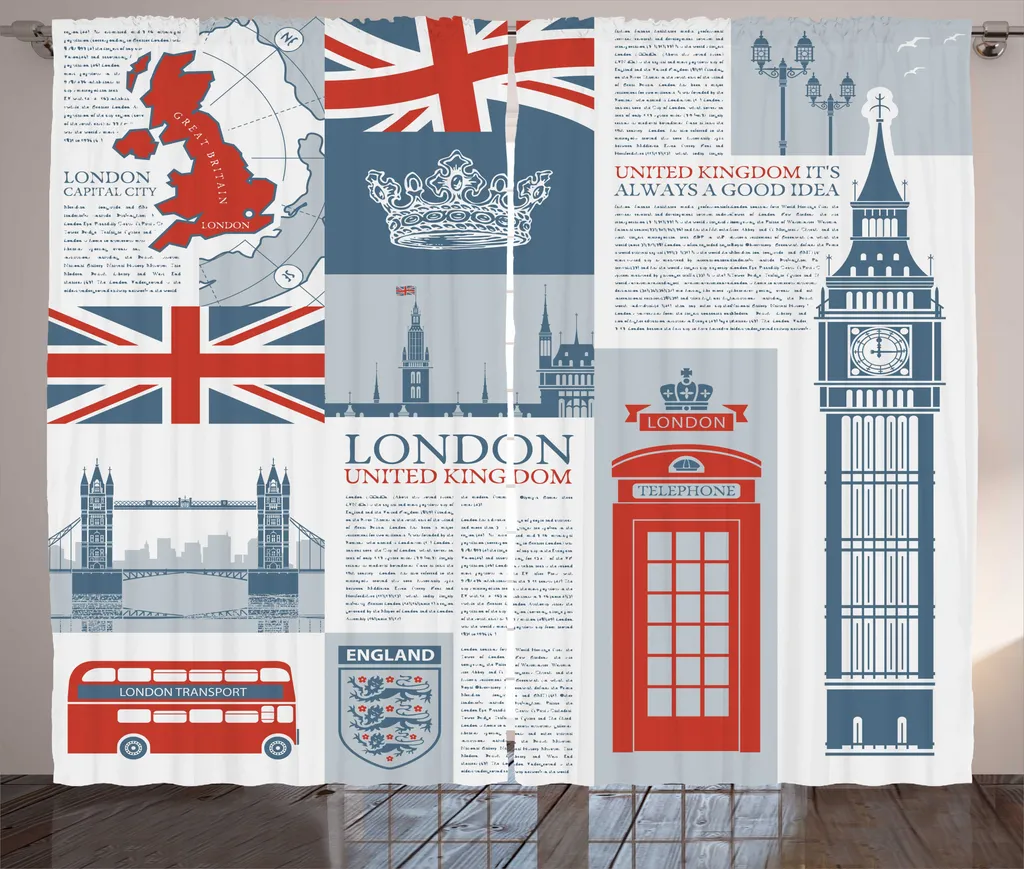 ABAKUHAUS Cabina telefonica Tenda rustica, Londra, Regno Unito, Camera da letto Tenda con passanti e ganci, 280 x 175 cm, Blu-grigio Rosso cinabro - 1