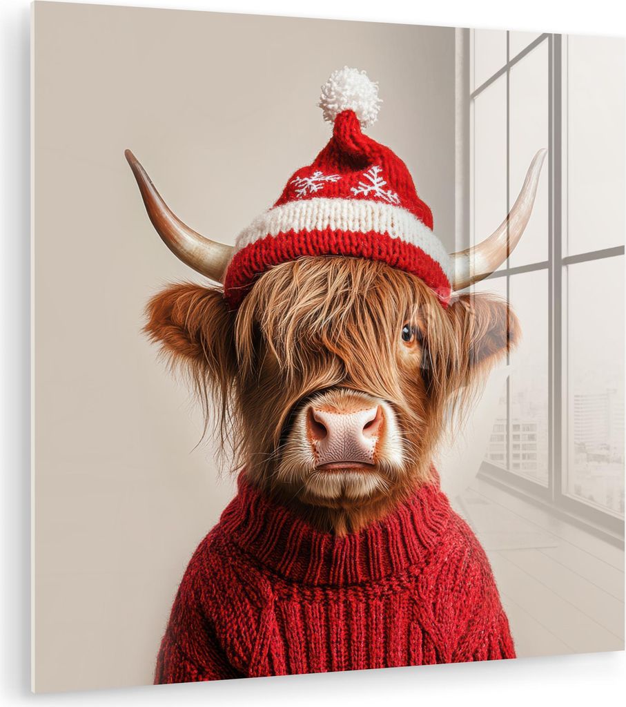 MuchoWow Glasbilder - Bilder auf Wandbild - Foto auf Glas Schottisches Hochlandrind - Weihnachten - Mütze - Pullover - Winter 50x50 cm Wanddekorat...
