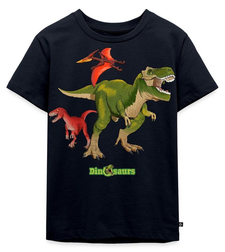 Spreadshirt Dinosaurier T-Rex Velociraptor Pteranodon Kinder Premium T-Shirt, 134/140 (8 Jahre), Navy