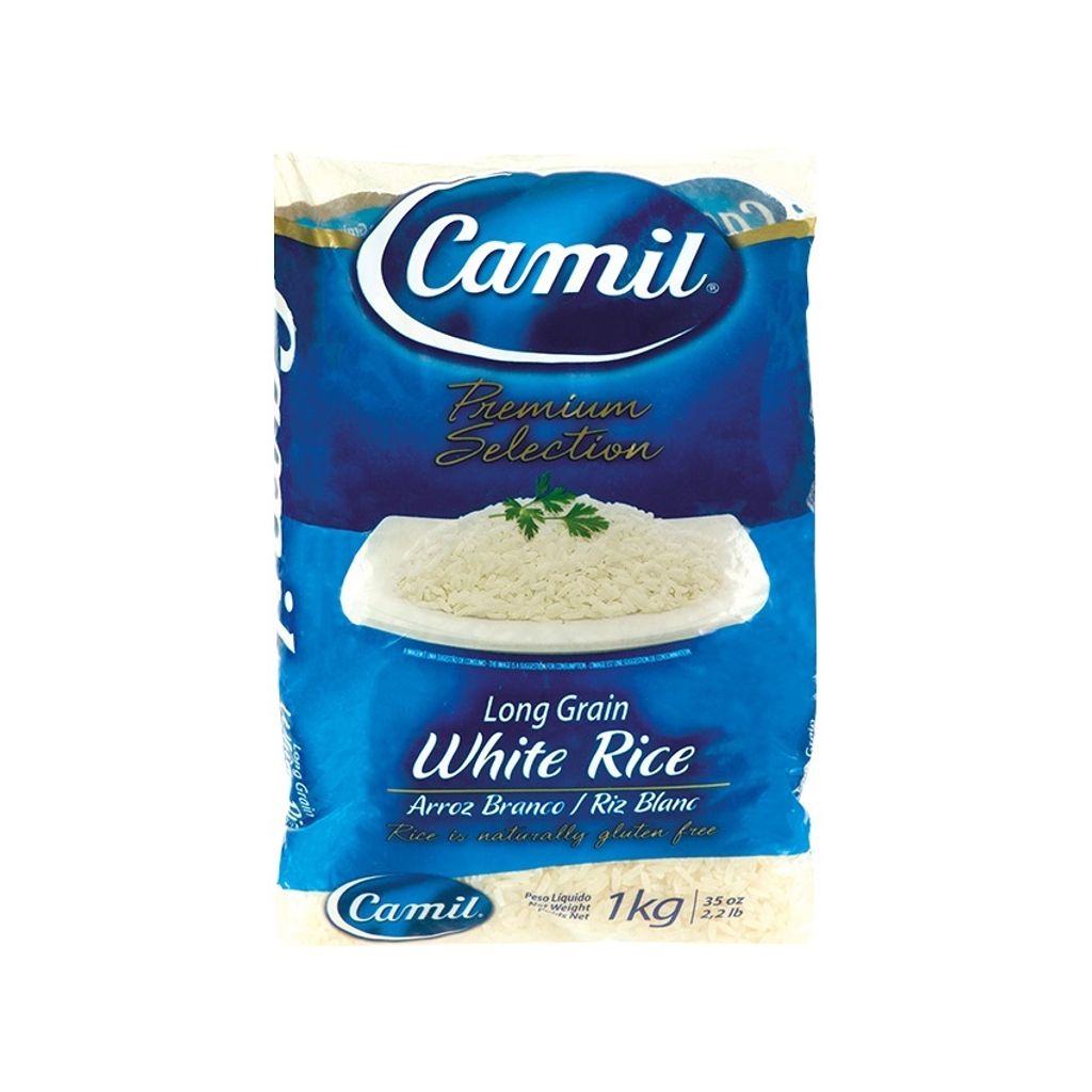 A bag of white rice on a white background.