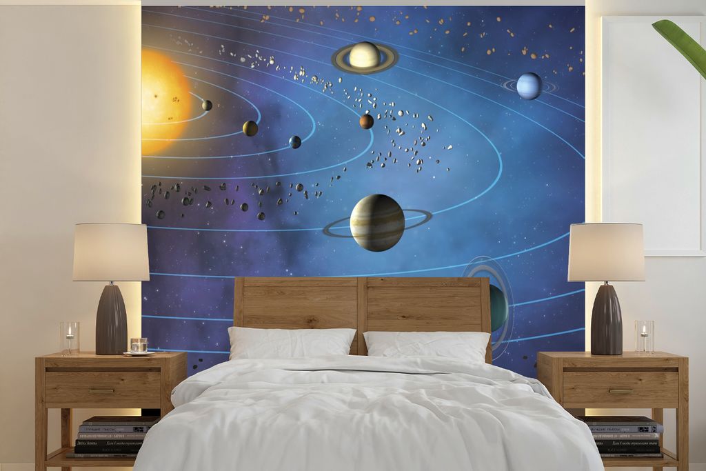 MuchoWow Fototapete für Wohnzimmer oder Schlafzimmer Wandtapete Vinyl Motivtapete Eine Illustration des großen Sonnensystems - 220x220 cm - Tap...