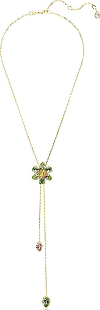 A gold necklace with a flower pendant and dangling charms.