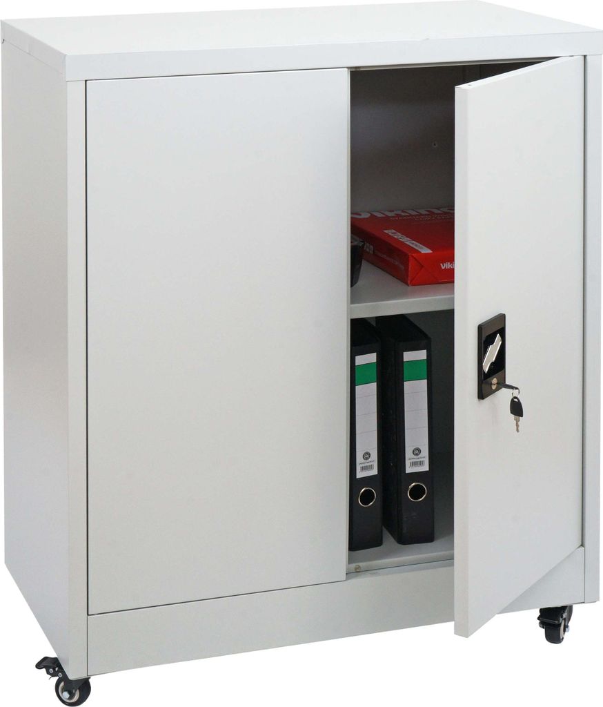 Aktenschrank HWC-O50, Büroschrank Stahlschrank mit Rollen, 2 Türen abschließbar, Stahl 98x80x40cm hellgrau