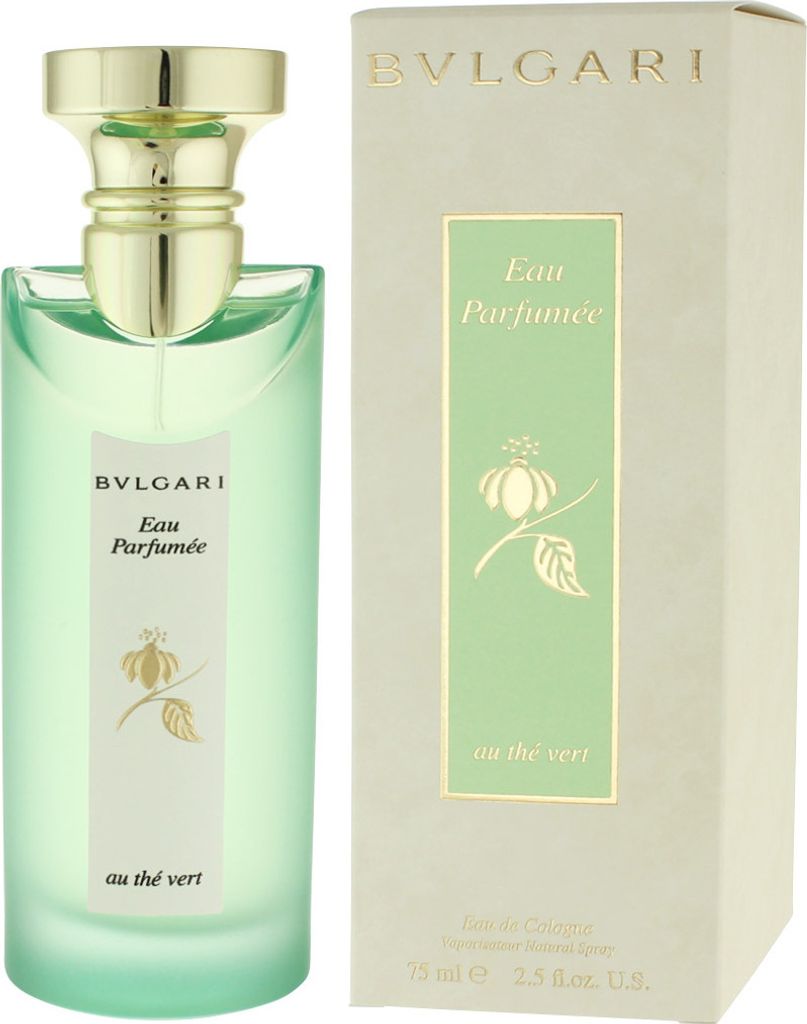 A product shot of a bottle of Bvlgari Eau Parfumée au Thé Vert and its packaging.