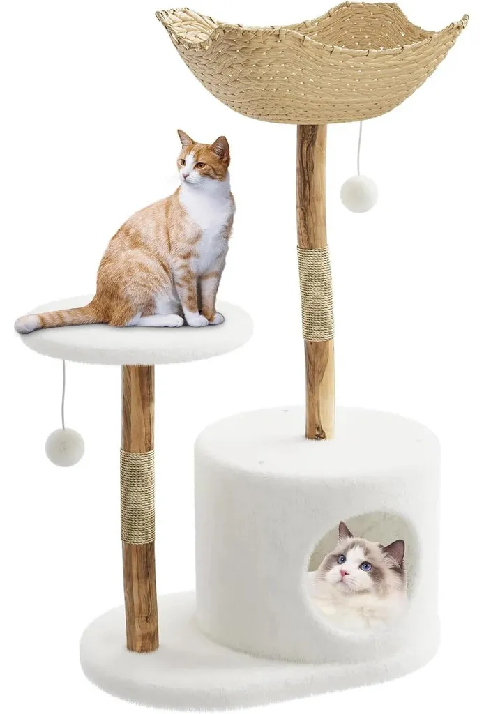 Arbre à chat en bois 4 niveaux avec niche et panier tressé chic