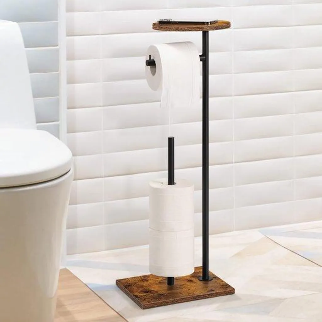 Support papier toilette sur pied avec tablette de rangement, Inox Noir