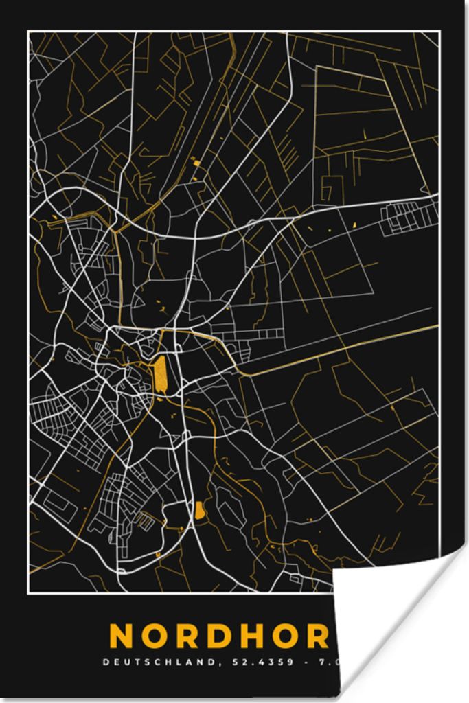 MuchoWow Poster Nordhorn - Stadtplan - Gold - Karte - Deutschland 80x120 cm - Papierdruck