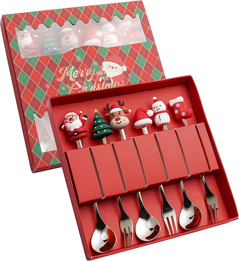 Weihnachtslöffel-Besteckset aus Edelstahl, Weihnachtsgabeln, Dessert, Obst, Eis, Tee, Kuchengabeln, Puppengeschirr, Geschenkbox, Weihnachtsfeier-Z...