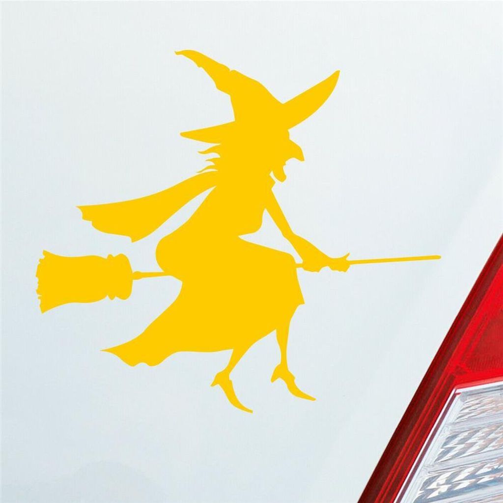 Auto Aufkleber Hexe Witch Besen Frau Hexerei 11x10 cm Gelb Sticker Heckscheibenaufkleber