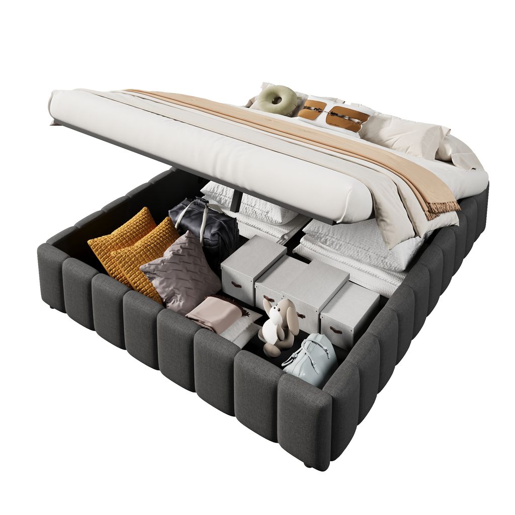 Futonbett mit Lattenrost (140x200 cm), Doppelbett ohne Kopfteil, Bezug aus Leinen