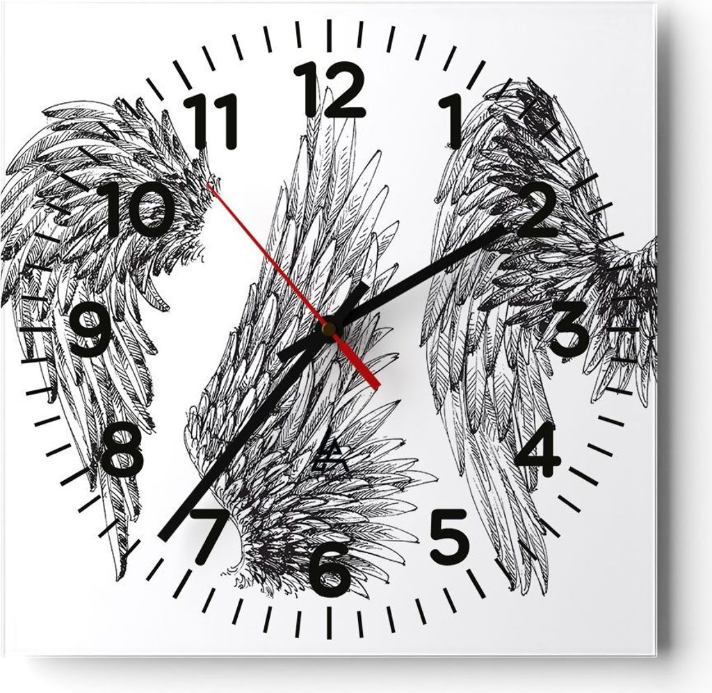 Wanduhr - Quadrat - Glasuhr - Zeichnung Engel Flügel Federn - 40x40cm - Schleichendes Uhrwerk - Lautlos - zum Aufhängen bereit - Dekoration Moder...