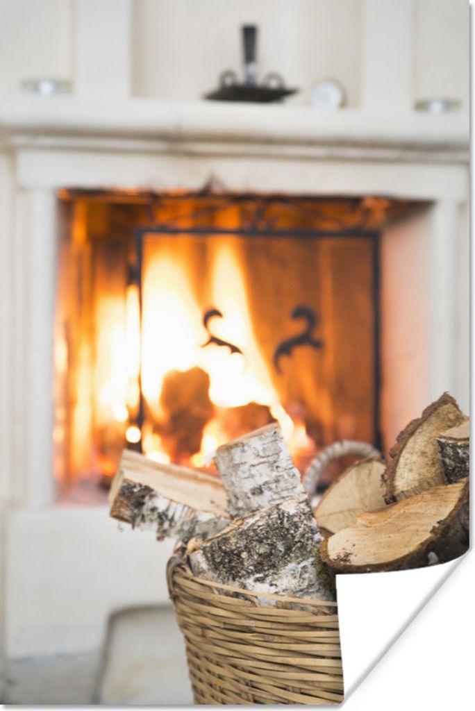 MuchoWow Poster Feuerstelle hinter einem Korb mit Holz 120x180 cm - Kunstposter