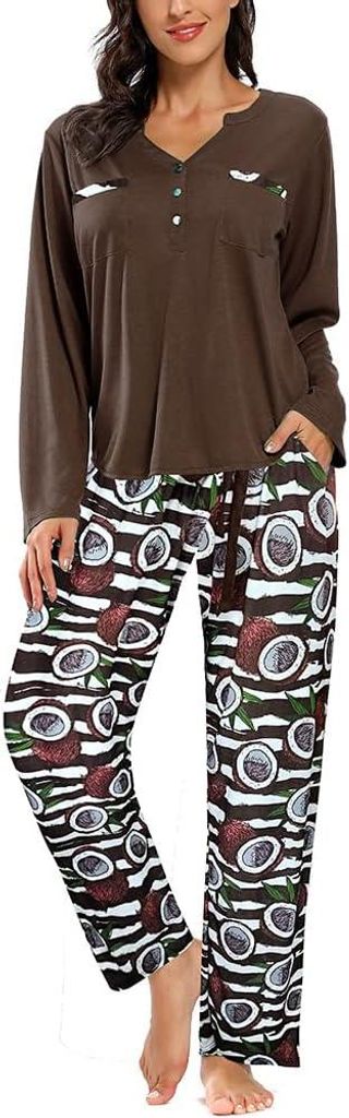 SHEKINI Damenpyjama Set Zweiteilig T-Shirt Langarm Lange Hose Pyjamab|raun XL