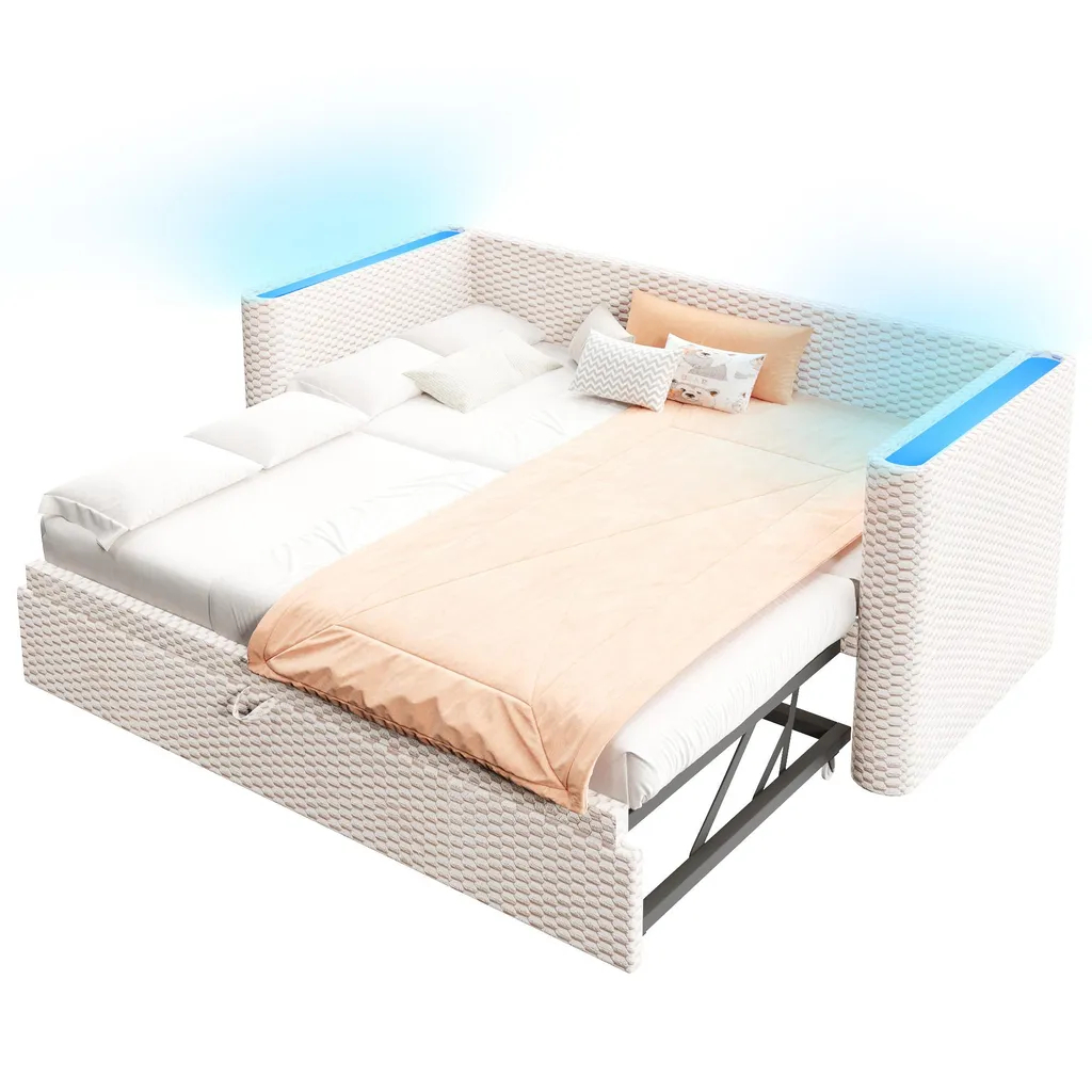 Lit de jour extensible pour chambre d'amis 90/180x200cm velours beige