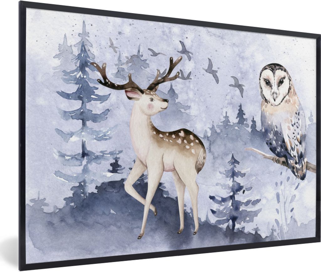 MuchoWow Gerahmtes Poster Winter - Wald - Eule - Hirsch 60x40 cm - Poster mit Schwarzem Bilderrahmen Wandposter Rahmen Foto Bilder - Printing - W...