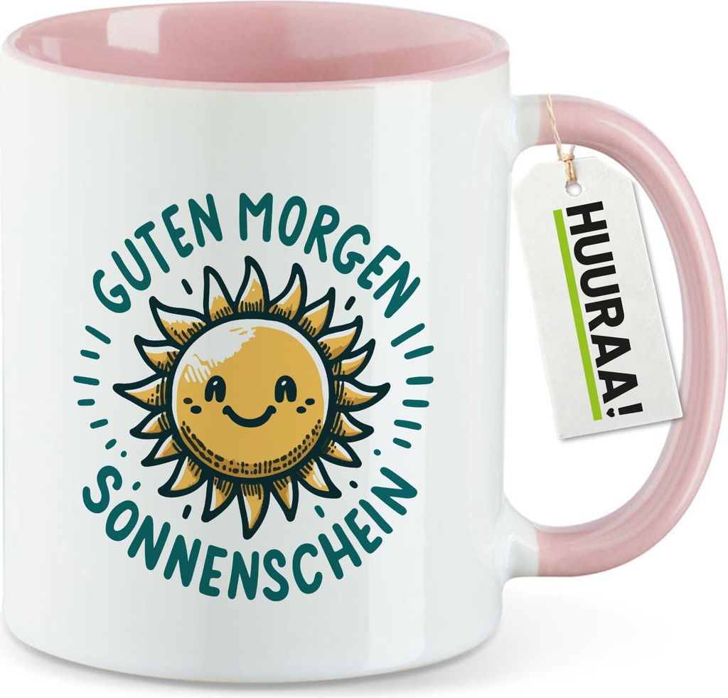 Huuraa Kaffeetasse Guten Morgen Sonnenschein Sonne 330ml Rosa Keramik Kaffeebecher Geschenkidee