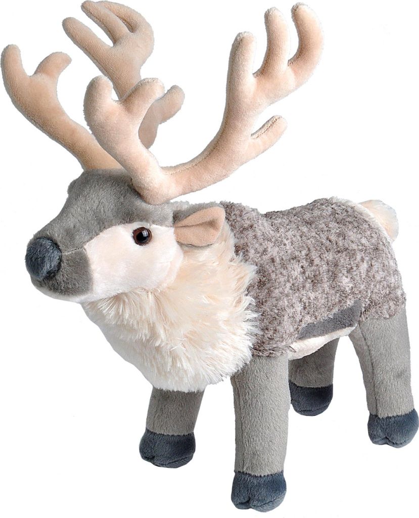 A plush toy reindeer is shown against a white background.