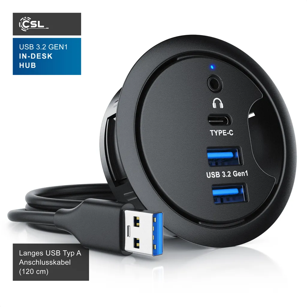HUB USB 3.0 | Ineo | 4 porte | 2 X USB-C | 2 X USB-A | Audio I/O | Montaggio in foro da scrivania da 60 mm | Lunghezza cavo 150