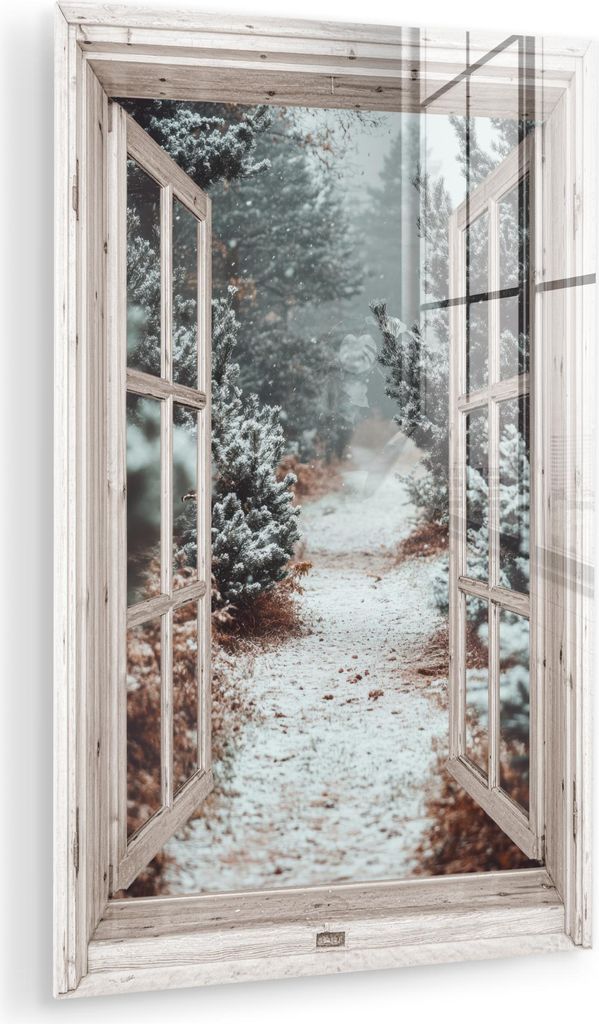 MuchoWow Glasbilder - Bilder auf Wandbild - Foto auf Glas Wald - Winter - Bäume - Natur - Weg - Aussicht - Weiß 60x90 cm Wanddekoration aus Glas ...