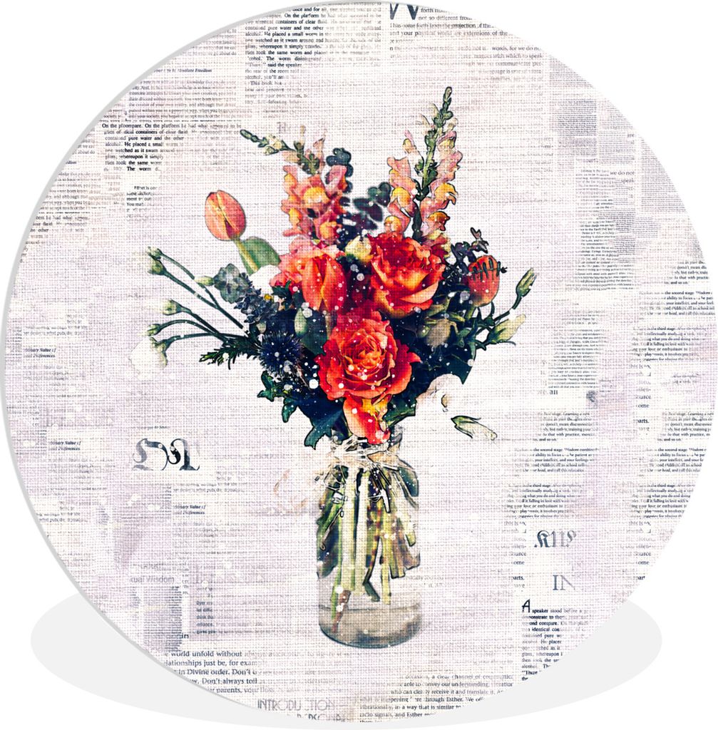 MuchoWow Rundes Wandbild - Runde Bilder Vase - Blumen - Zeitungspapier Ø 30 cm Kreis Wanddekoration Kunststoff - Wandkreis - Wandschmuck - Schla...