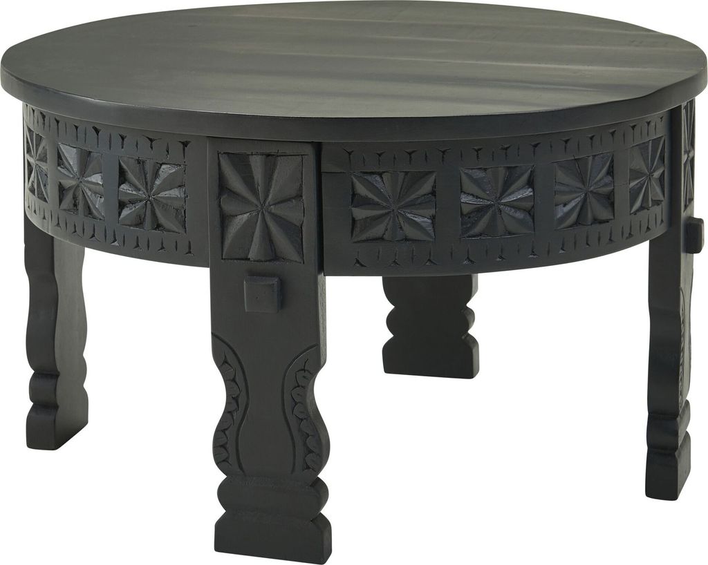 Design Couchtisch 60x36x60 cm Mango Massivholz Sofatisch Rund Schwarz | Wohnzimmertisch Holz Salontisch Massiv | Tisch Wohnzimmer Orientalisch | Ka...