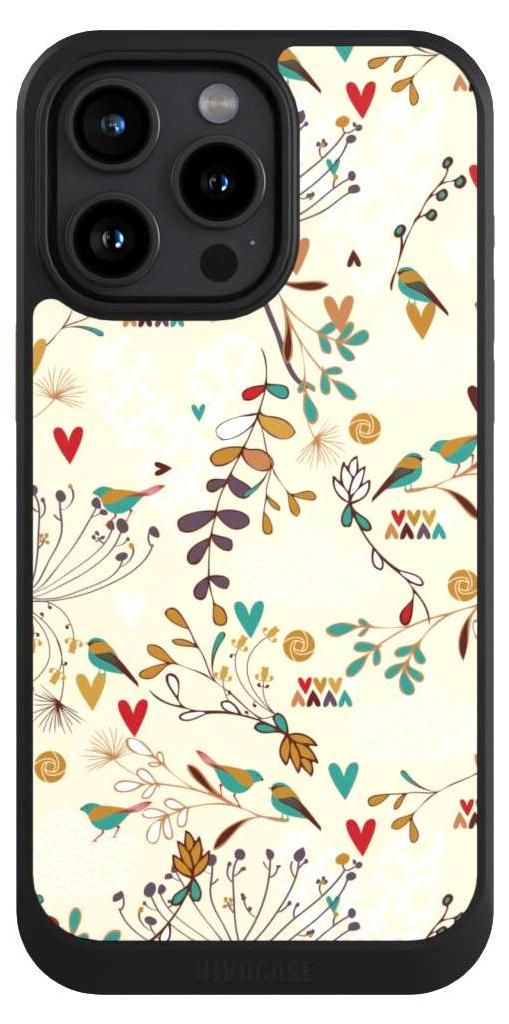 NIVOCASE Hülle für Apple iPhone 15 Pro Max Handyhülle NIVOcore Case Schwarz Blumen Retro Vogel