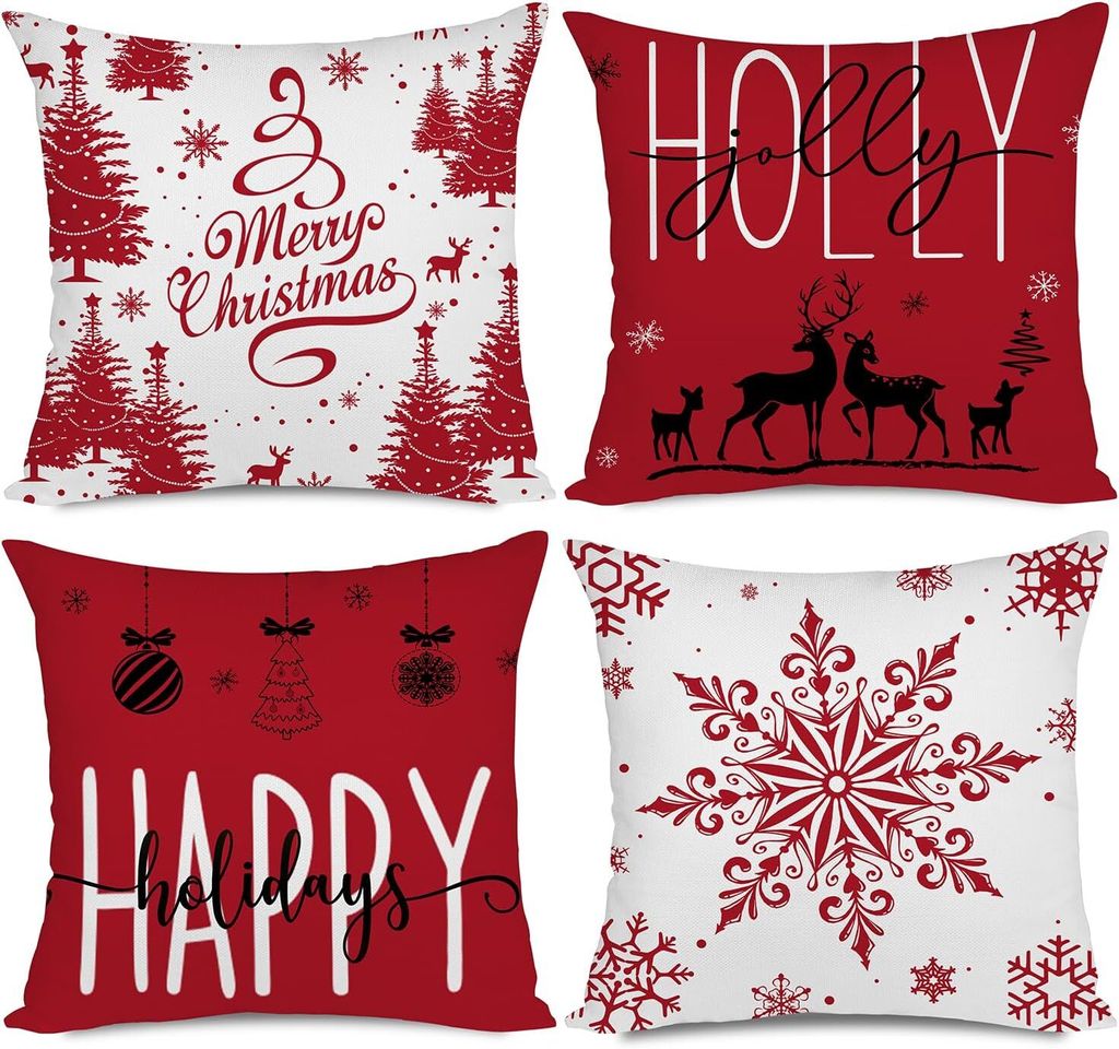 Blaue Weihnachtskissenbezüge 45x45 - Set von 4 Stück mit Schneeflocken für glückliche Feiertage, ideal für Sofa und Wohnzimmer Deko